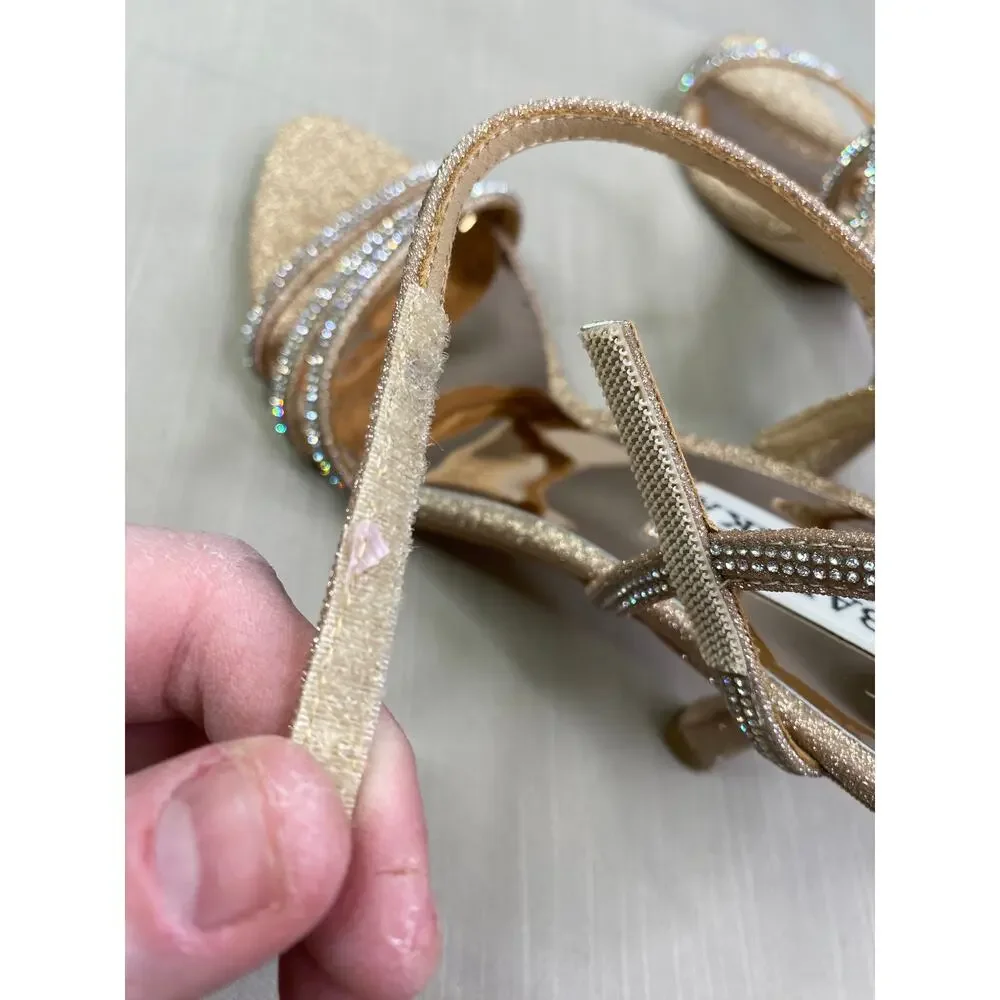 NWB Badgley Mischka Dessa Strass Ankle-Grip Sandals, Platino Gold, Sz 6.5